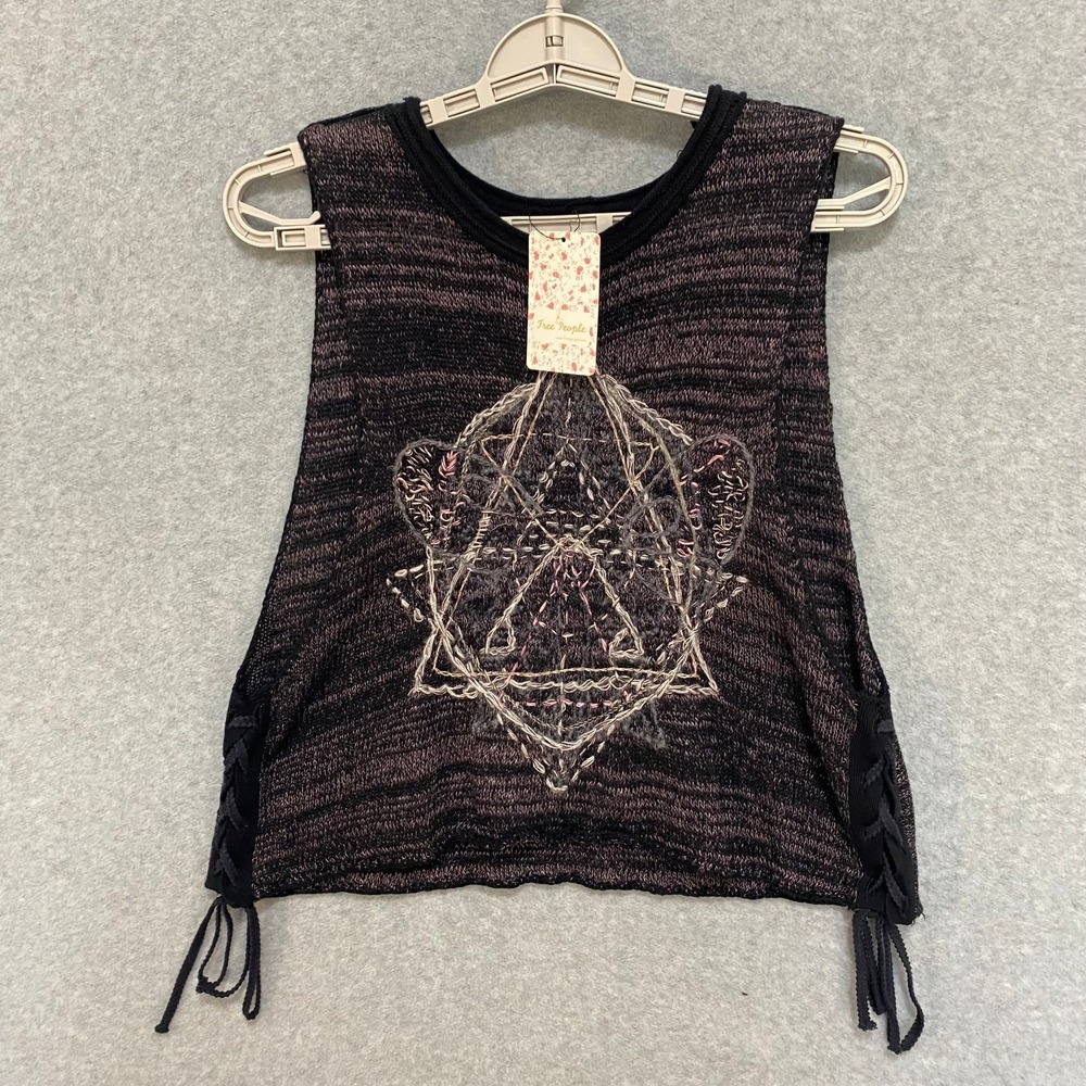 NEW FREE PEOPLE Women's XS Embroidered Knit Tank Top Black Cotton Linen Boho